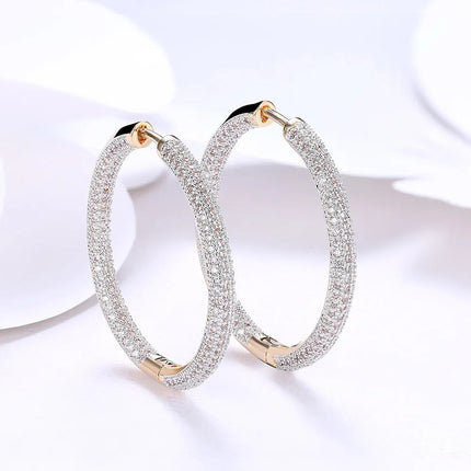 URMYLADY 925 Sterling Silver 34mm Circle 24K Gold Shiny Zircon Earrings For Women Wedding Party Fashion Charm Jewelry PlatiNum