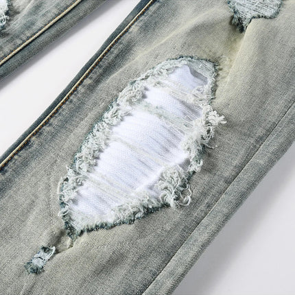 Men Pale Light Blue Biker Jeans Cracked Pleated Patch Patchwork Stretch Denim Pants Streetwear Holes Ripped Skinny Trousers PlatiNum