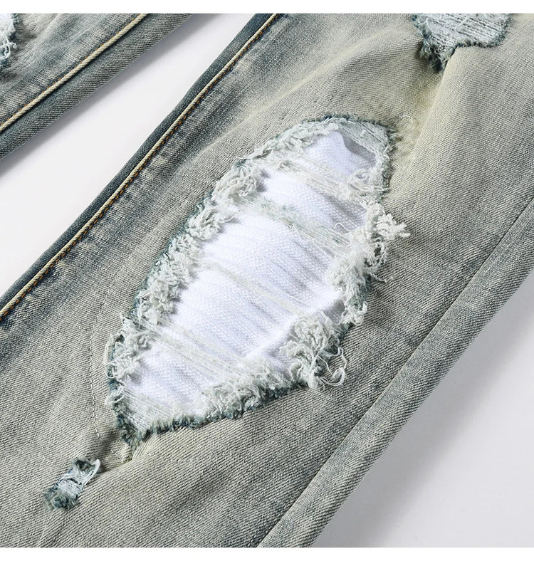 Men Pale Light Blue Biker Jeans Cracked Pleated Patch Patchwork Stretch Denim Pants Streetwear Holes Ripped Skinny Trousers PlatiNum