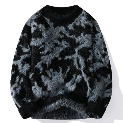 Men Jacquard Furry Sweater Long Sleeve Thick Print Faux Mink Velvet Knit Dyed Pullover O Neck High Street Warm Sweater Jumpers