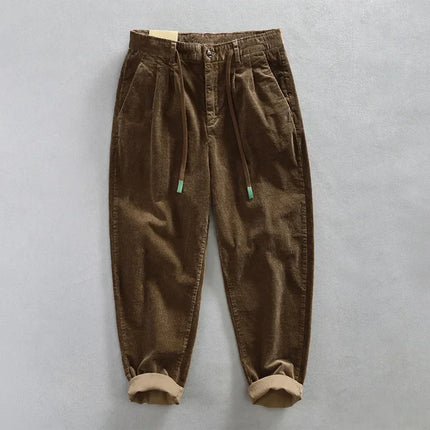 Autumn Winter Classic Cotton Corduroy Casual Mens Pants Comfortable Retro Big Pocket Drawstring Cargo Trousers AZ324