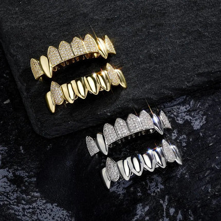 Hip Hop Full CZ Stone Teeth Grillz Caps Cubic Zircon Iced Out Micro Pave Top&Bottom Charm Grills for Men Women Punk Jewelry PlatiNum