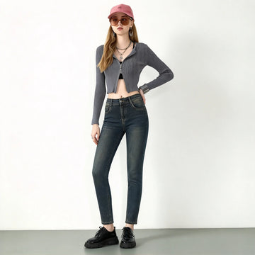 Women’s Mid-Waist Skinny Jeans with Rhinestones, Vintage-Wash Blue Denim, Glamorous Casual Skinny Trousers for Everyday Wear and Evenings  LM-789-2