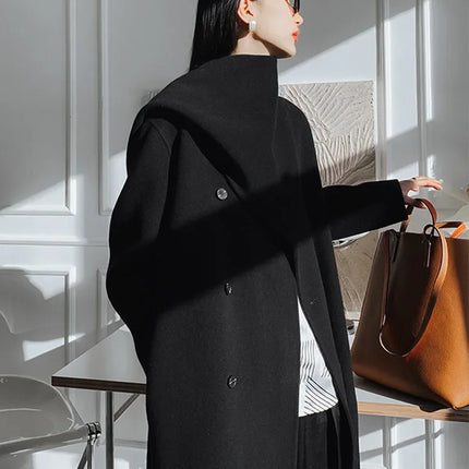 Luxury Hand-sewn Double-sided Cashmere Wool Coat Women New Mid-length Scarf Collar Loose Lace-up Warm Wool Coat Fashion Winter
