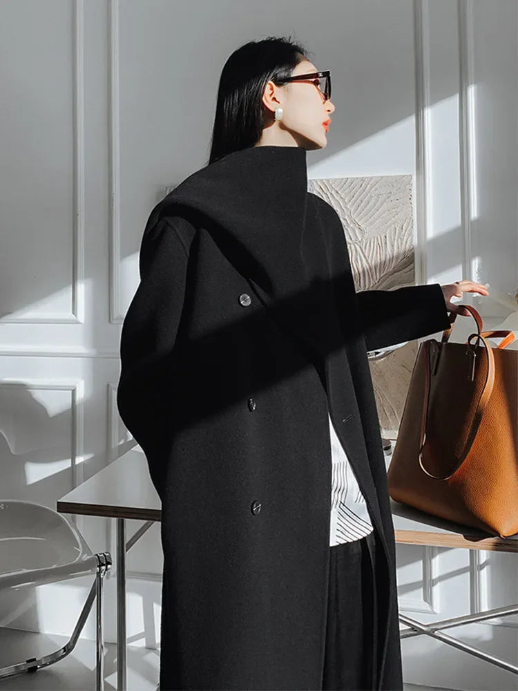 Luxury Hand-sewn Double-sided Cashmere Wool Coat Women New Mid-length Scarf Collar Loose Lace-up Warm Wool Coat Fashion Winter
