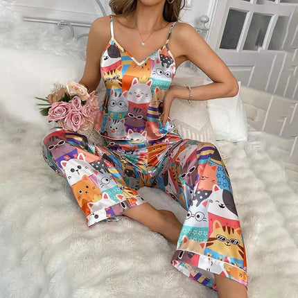 Pigiama floreale in raso da donna con top con cinturino per spaghetti e pantaloni lunghi Indumenti da notte 2 pezzi senza maniche Abbigliamento per la casa Pigiama platinumshop