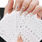 6Sheets Metallic Silver 3D Nail Art Stickers Self‑Adhesive Decals Star Chain Heart Pattern for DIY Manicure Nail Decor Accessories