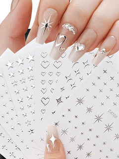 6Sheets Metallic Silver 3D Nail Art Stickers Self‑Adhesive Decals Star Chain Heart Pattern for DIY Manicure Nail Decor Accessories