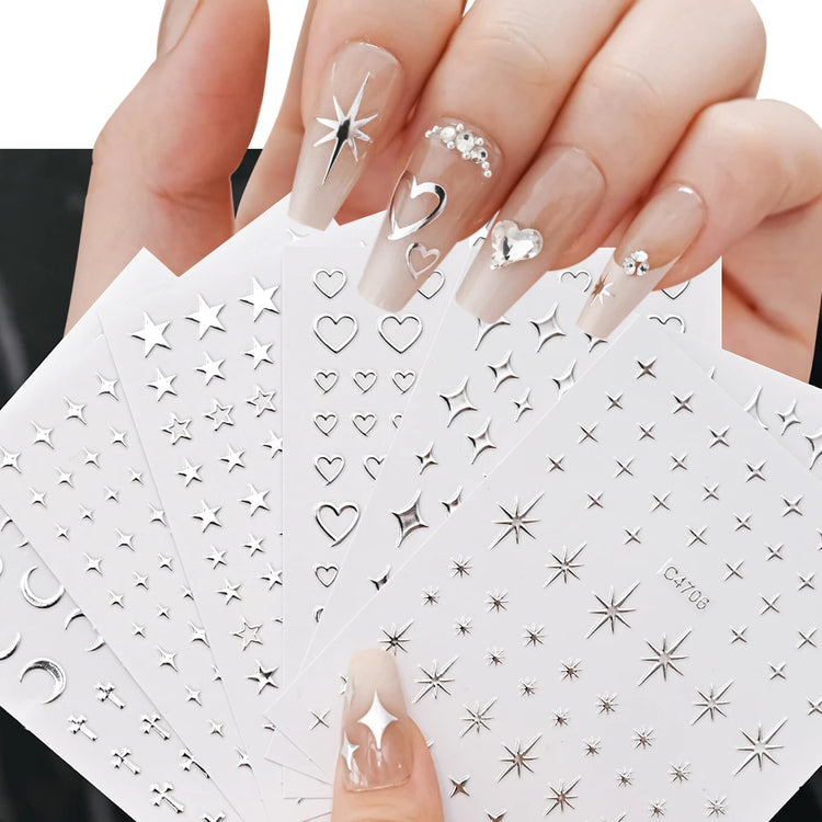 6Sheets Metallic Silver 3D Nail Art Stickers Self‑Adhesive Decals Star Chain Heart Pattern for DIY Manicure Nail Decor Accessories