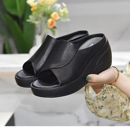 Nuovi sandali da donna Pantofole da donna Piattaforma con zeppa nera Punta aperta Donna Ortopedia Fondo spesso Ciabatte da spiaggia con tacco alto
