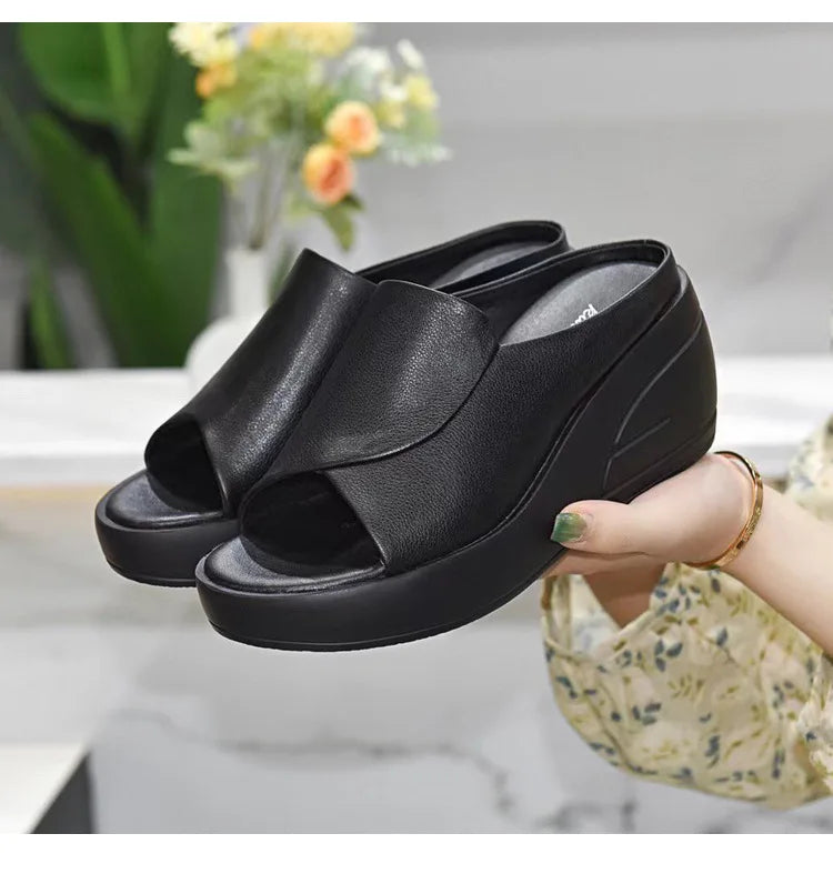 Nuovi sandali da donna Pantofole da donna Piattaforma con zeppa nera Punta aperta Donna Ortopedia Fondo spesso Ciabatte da spiaggia con tacco alto