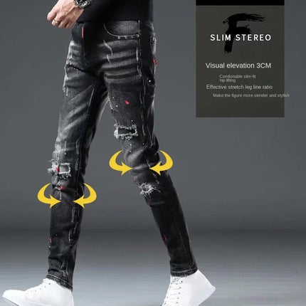 High Street  2022 Fashion Casual Ripped Jeans Men's Patch Teenagers Cowboy Paint Splash Ink Black Pencil Pants Skinny Jeans Men PlatiNum