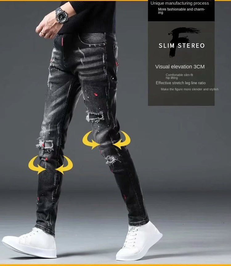 High Street  2022 Fashion Casual Ripped Jeans Men's Patch Teenagers Cowboy Paint Splash Ink Black Pencil Pants Skinny Jeans Men PlatiNum