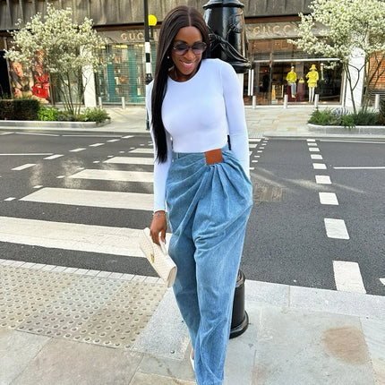 Jeans da Donna a Gamba Larga Lavati a Vita Alta con Pieghe e Effetto Distressed, Denim Vintage Primavera 2026, Pantaloni Femminili Streetwear a Tutta Lunghezza
