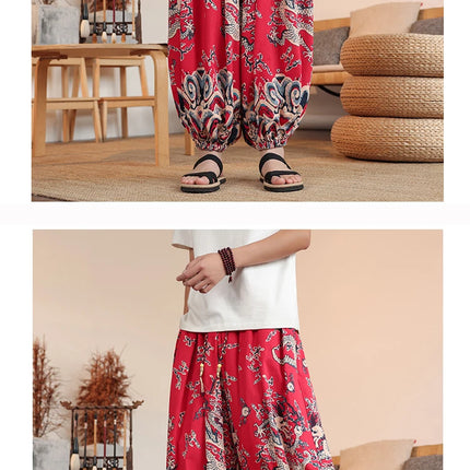Vendite calde Pantaloni da uomo in cotone comodi pantaloni da spiaggia larghi stampa casual Harem elegante abbigliamento estivo pantaloni larghi giapponesi sottili