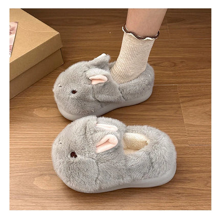 New Cute 3D Rabbit Furry Slippers Women Winter Warm Plush Closed Back House Shoes Non Slip Bunny Indoor Flip Flops Home Slipper