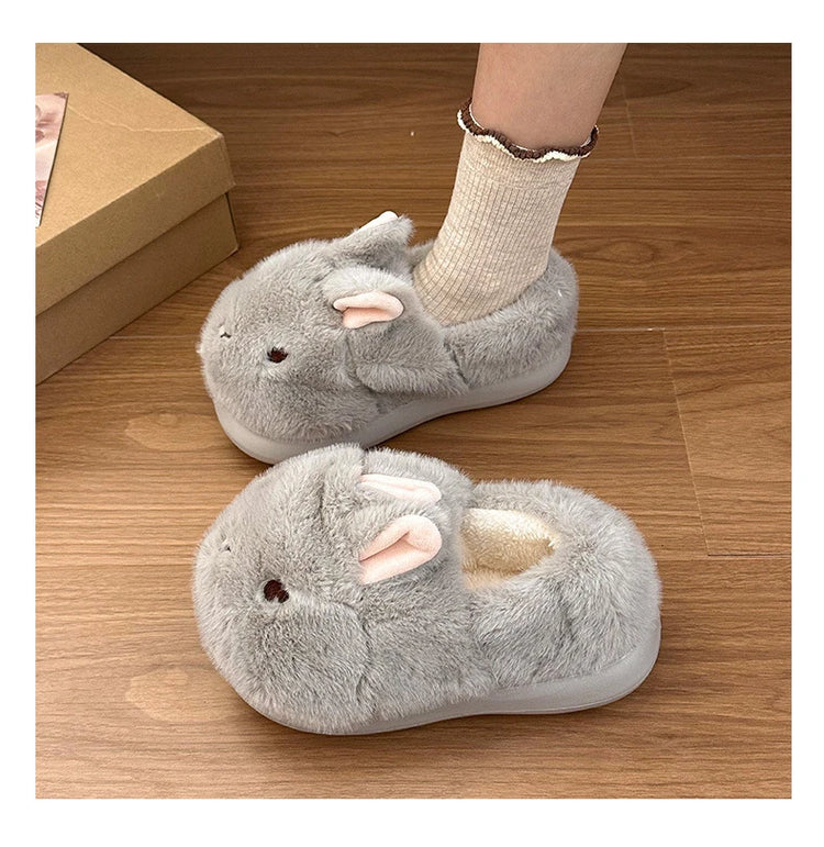 New Cute 3D Rabbit Furry Slippers Women Winter Warm Plush Closed Back House Shoes Non Slip Bunny Indoor Flip Flops Home Slipper