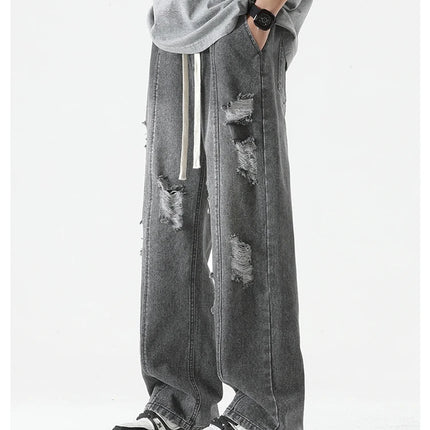 Jeans strappati estivi da uomo Gamba dritta ampia Retro da uomo Disegna corda Porta Pantaloni casual tutto-fiammifero di marca di moda