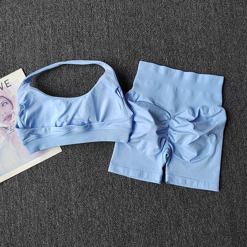 2PCs Peach High Waist Belly Hip Lifting Sports Bras Shorts Suit Gathering Shock-proof Neck Halter Yoga Suit Running Fitness Set