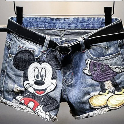 Women's High Waisted Denim Shorts-Korean-Inspired Loose Straight Leg-Distressed Cartoon Embroidery Trendy Summer Hot Pants PlatiNum