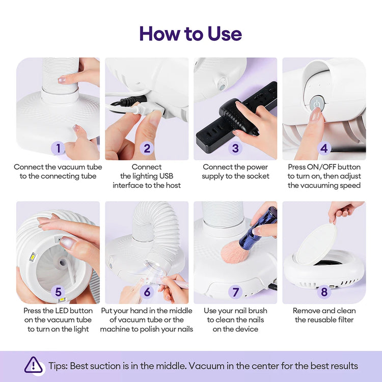 Powerful 130W Nail Dust Extractor Vacuum Cleaner 6 Gear Adjustable Suction with 360° Flexible Tube Manicure Dust Collector for Nail Stylist Salon & Home Nail Art