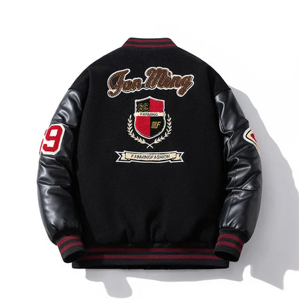 Winter Loose bomber jacket Men Woolen Retro Cotton Liner parkas couple streetwear PU leather sleeves baseball jacket chaquetas