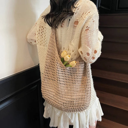 Crochet Crossbody Bag Hollow Beach Leisure Handbag Solid Color Summer Holiday Woven Shoulder Bag