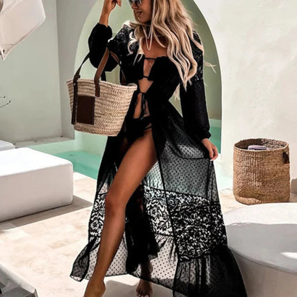 Copricostume Kimono da spiaggia per costumi da bagno donna Patchwork di pizzo bianco nero Chiffon eleganti abiti avvolgenti con cintura 2023 costumi da bagno platinumshop