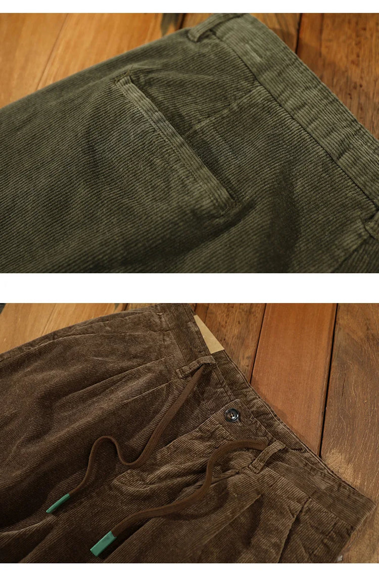 Autumn Winter Classic Cotton Corduroy Casual Mens Pants Comfortable Retro Big Pocket Drawstring Cargo Trousers AZ324