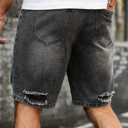 Pantaloncini effetto consumato da uomo all'ingrosso, jeans alla moda, stile casual estivo, vita media, colore chiaro, tessuto