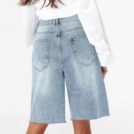 Benuynffy Bf Style Raw Hem Denim Shorts Women's Streetwear High Waist Hip Hop Loose Ripped Straight Wide Leg Half Shorts Jeans PlatiNum