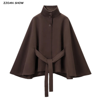 5 Colors New Autumn High Collar Woolen Cape Coat Tie Bow Sashes Long Bat Sleeve Front Buttons Cloak Shawl Jacket Loose Outerwear