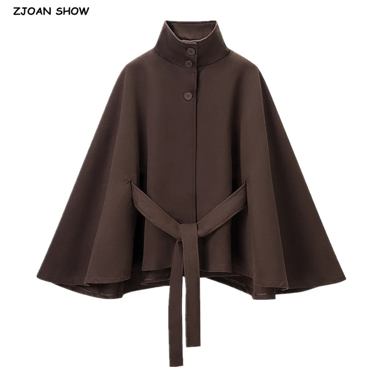 5 Colors New Autumn High Collar Woolen Cape Coat Tie Bow Sashes Long Bat Sleeve Front Buttons Cloak Shawl Jacket Loose Outerwear