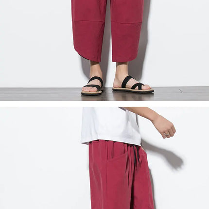 Pantaloni Estivi da Uomo 2026 Stile Cinese in Cotone e Lino, Pantaloni Harem Traspiranti da Spiaggia, Pantaloni Casual a Tre Quarti, Streetwear