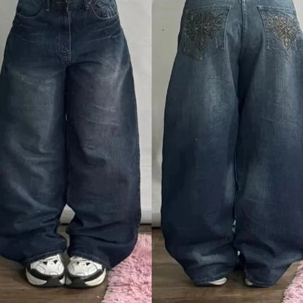 Street Vintage Jeans New Y2K Harajuku Wash Blue Multiple pockets Baggy Jeans Denim Pants Mens Womens High Waist Wide Trousers PlatiNum