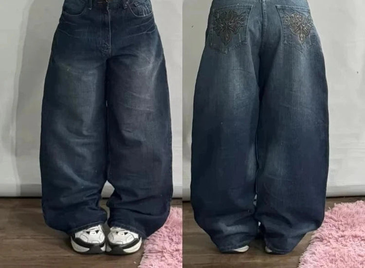 Street Vintage Jeans New Y2K Harajuku Wash Blue Multiple pockets Baggy Jeans Denim Pants Mens Womens High Waist Wide Trousers PlatiNum
