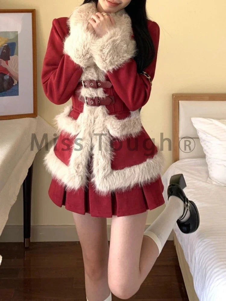Winter Japanese Vintage Red Design Sweet New 2 Pieces Set Aesthetic Warm Coat + Mini Pleated Skirt Lady Party Fashion Suit 2024