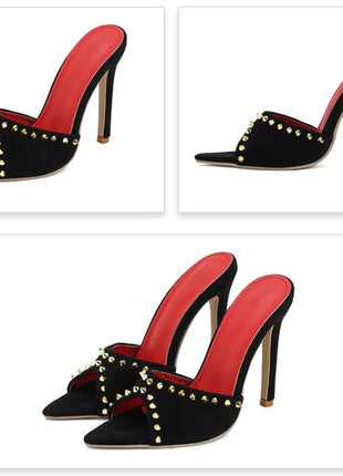 Liyke 2026 Mode d'été Rivet en métal Designer Talons hauts Chaussons femme Sexy Bout pointu Fête Stripper Chaussures Sandales