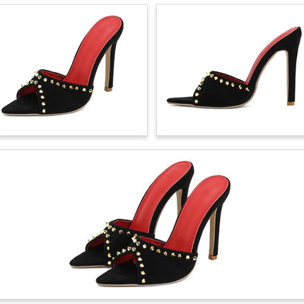 Liyke 2026 Mode d'été Rivet Métallique Designer Talons Hauts Pantoufles pour femmes Sexy Bout Pointu Fête Stripper Chaussures Sandales