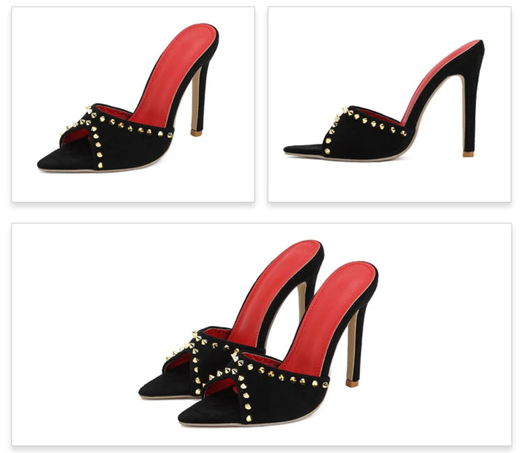 Liyke 2026 Moda Estiva Rivetto in metallo Designer Tacchi alti Pantofole da donna Sexy Punta a punta Party Stripper Scarpe Ciabatte Sandali
