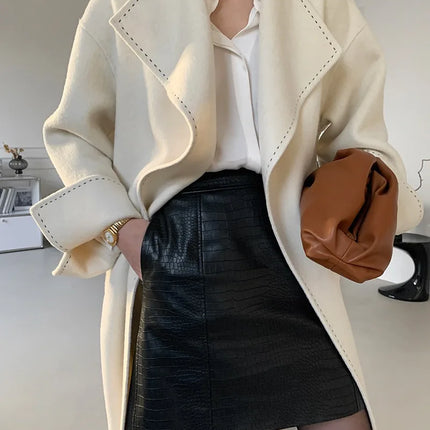 New Solid Korean Style Women Wool Coat Arch Needle Large Neck Versatile Fashion Texture Double Sided Trench Coats Female Winter