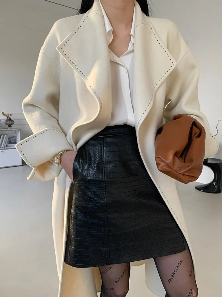 New Solid Korean Style Women Wool Coat Arch Needle Large Neck Versatile Fashion Texture Double Sided Trench Coats Female Winter