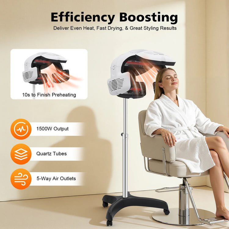 Professional Salon Hair Dryer for Perms (1500W), Freestanding Quartz Heating Styling Hood with LCD Display & Adjustable Height, Rolling Stand Perm Machine for Spa & Home Use