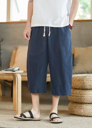 Pantaloni di lino da uomo in stile cinese Pantaloni a gamba larga da uomo con cavallo basso Pantaloni da uomo HipHop Pantaloni al polpaccio Pantaloni da pista Streetwear