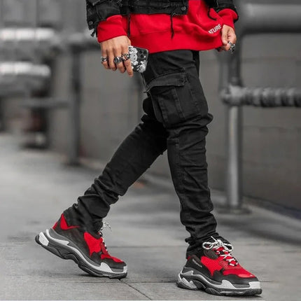 Men Street Elastic Denim Jeans Wash Solid Color Multi Pockets Cargo Pants Casual Slim Fit Daily Wear Joggers Mid Waist Trousers PlatiNum