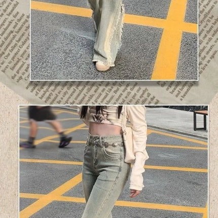 Jeans blu vintage da donna a vita alta americani retrò anni '90 materia prima design bordo Y2k pantaloni in denim streetwear jeans a gamba larga