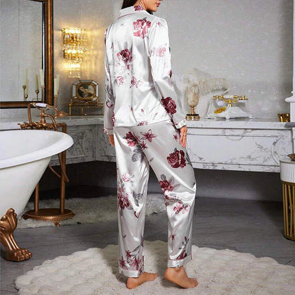 Pigiama da donna con stampa floreale color block, maniche lunghe e pantaloni in raso per un sonno confortevole, morbido pigiama e pigiama da notte