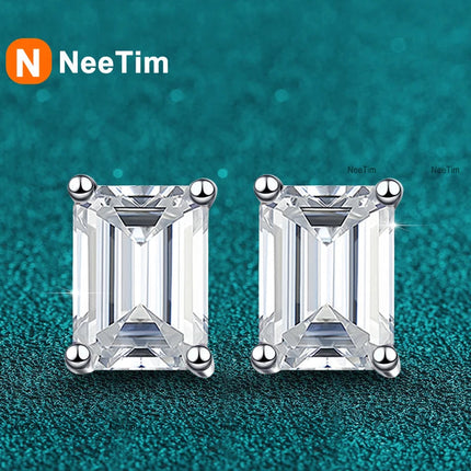 NeeTim 0.5CT 1CT 2CT Emerald Radiant Cut Moissanite Studs Earrings for Women Lab Diamond 925 Sterling Silver Earring Jewelry PlatiNum