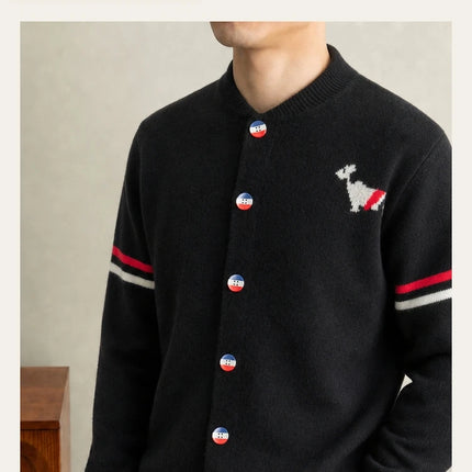 Fashion Men's Knit Cardigan High-End Brand Cartoon Dog Print Design Autumn Winter New Classic Striped Korean Casual Sweater Coat