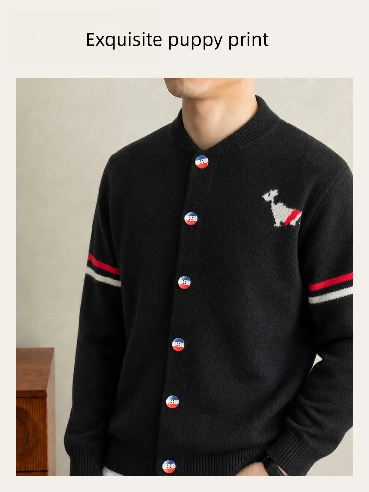 Fashion Men's Knit Cardigan High-End Brand Cartoon Dog Print Design Autumn Winter New Classic Striped Korean Casual Sweater Coat